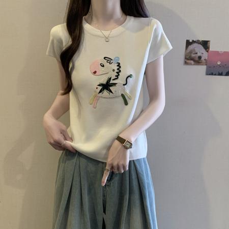 BY16418# 胖mm夏装大码女装新款圆领小马图案短袖T恤显瘦冰丝上衣减龄  服裝批發女裝批發服飾貨源