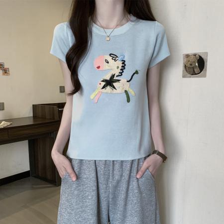 BY16418# 胖mm夏装大码女装新款圆领小马图案短袖T恤显瘦冰丝上衣减龄  服裝批發女裝批發服飾貨源