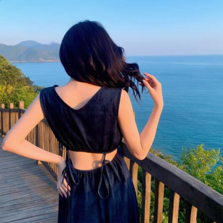 BY16420# 夏季无袖牛仔连衣裙中长裙露腰凉快时尚旅游海边  服裝批發女裝批發服飾貨源