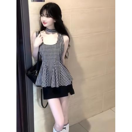 BY16422# 俏皮活泼套装裙韩里韩气赫本风黑色格纹背心上衣包臀短裙两件套女  服裝批發女裝批發服飾貨源