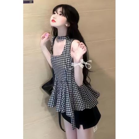 BY16422# 俏皮活泼套装裙韩里韩气赫本风黑色格纹背心上衣包臀短裙两件套女  服裝批發女裝批發服飾貨源