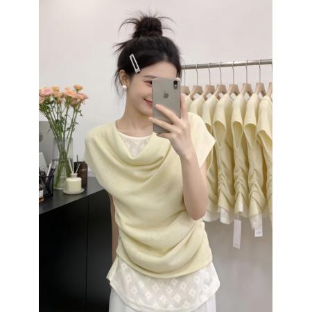 BY16423# 韩系假两件荡领褶皱斜肩露肩短袖T恤女夏季新款修身收腰上衣  服裝批發女裝批發服飾貨源