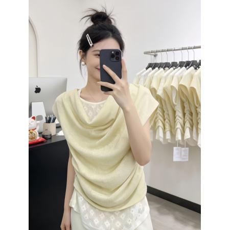 BY16423# 韩系假两件荡领褶皱斜肩露肩短袖T恤女夏季新款修身收腰上衣  服裝批發女裝批發服飾貨源