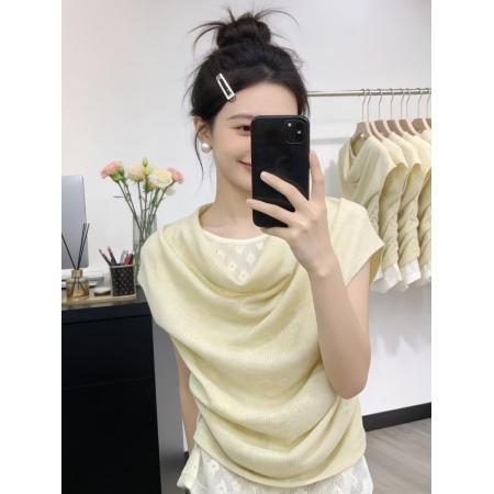 BY16423# 韩系假两件荡领褶皱斜肩露肩短袖T恤女夏季新款修身收腰上衣  服裝批發女裝批發服飾貨源