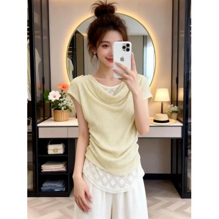 BY16423# 韩系假两件荡领褶皱斜肩露肩短袖T恤女夏季新款修身收腰上衣  服裝批發女裝批發服飾貨源