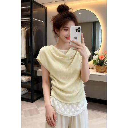 BY16423# 韩系假两件荡领褶皱斜肩露肩短袖T恤女夏季新款修身收腰上衣  服裝批發女裝批發服飾貨源