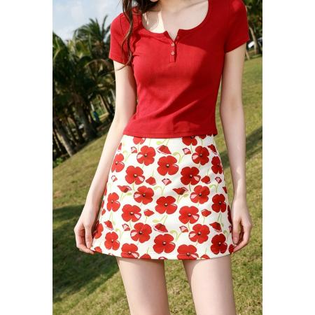 BY16426# 油画印花高腰半身裙女夏设计感包臀辣妹显瘦裙子百搭a字短裙  服裝批發女裝批發服飾貨源