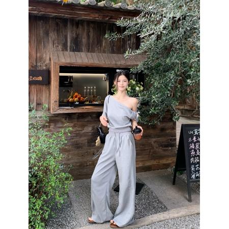 BY16430# 斜领露肩华夫格短袖T恤女宽松直筒休闲阔腿裤套装夏  服裝批發女裝批發服飾貨源