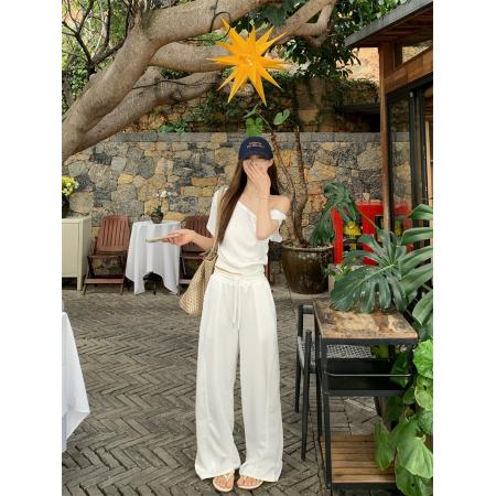 BY16430# 斜领露肩华夫格短袖T恤女宽松直筒休闲阔腿裤套装夏  服裝批發女裝批發服飾貨源