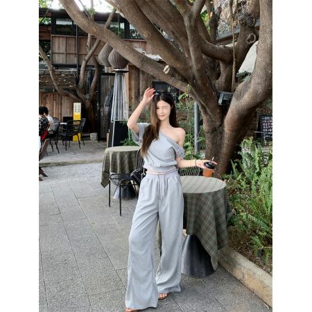 BY16430# 斜领露肩华夫格短袖T恤女宽松直筒休闲阔腿裤套装夏  服裝批發女裝批發服飾貨源