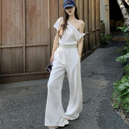 BY16430# 斜领露肩华夫格短袖T恤女宽松直筒休闲阔腿裤套装夏  服裝批發女裝批發服飾貨源