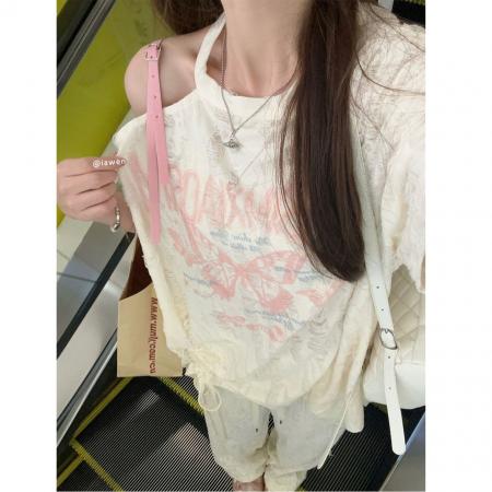 BY16432# 原版破洞布破洞布设计感蝴蝶印花露肩短袖T恤女夏季  服裝批發女裝批發服飾貨源