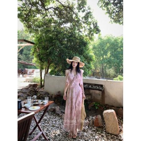 BY16434# 粉色碎花连衣裙夏女新款茶歇法式高级感不规则荷叶边雪纺长裙  服裝批發女裝批發服飾貨源