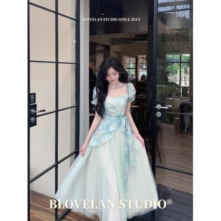 BY16435# 茶歇法式甜美清新多巴胺高级感晕染印花拼接网纱收腰假两件连衣裙  服裝批發女裝批發服飾貨源