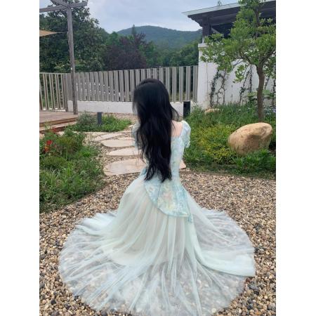 BY16435# 茶歇法式甜美清新多巴胺高级感晕染印花拼接网纱收腰假两件连衣裙  服裝批發女裝批發服飾貨源