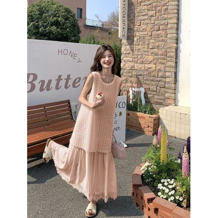 BY16437# 大码胖mm夏季新款遮肉显瘦法式温柔风蕾丝拼接假两件背心连衣裙女  服裝批發女裝批發服飾貨源