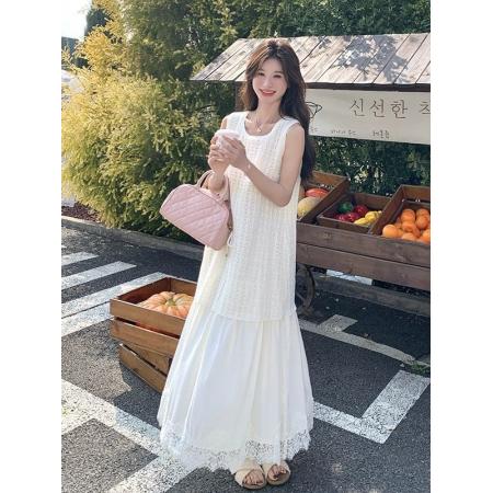 BY16437# 大码胖mm夏季新款遮肉显瘦法式温柔风蕾丝拼接假两件背心连衣裙女  服裝批發女裝批發服飾貨源