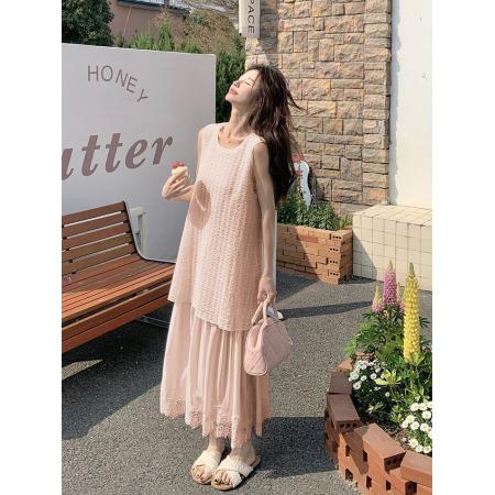 BY16437# 大码胖mm夏季新款遮肉显瘦法式温柔风蕾丝拼接假两件背心连衣裙女  服裝批發女裝批發服飾貨源