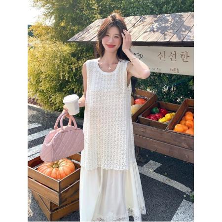 BY16437# 大码胖mm夏季新款遮肉显瘦法式温柔风蕾丝拼接假两件背心连衣裙女  服裝批發女裝批發服飾貨源