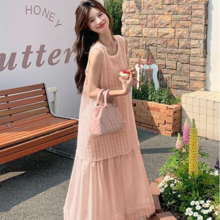 BY16437# 大码胖mm夏季新款遮肉显瘦法式温柔风蕾丝拼接假两件背心连衣裙女  服裝批發女裝批發服飾貨源