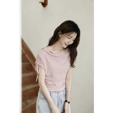 BY16438# 夏季荡领绑带斜肩短袖T恤修身显瘦设计感褶皱上衣  服裝批發女裝批發服飾貨源