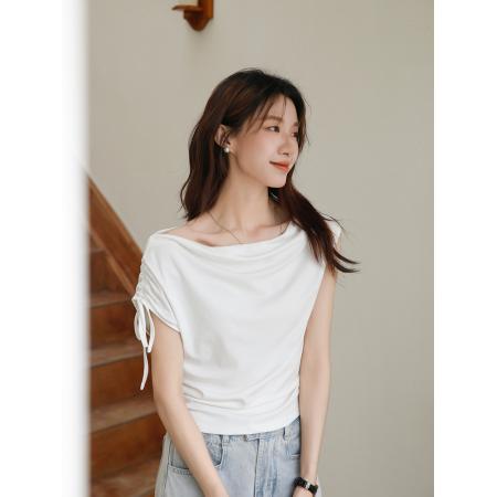 BY16438# 夏季荡领绑带斜肩短袖T恤修身显瘦设计感褶皱上衣  服裝批發女裝批發服飾貨源