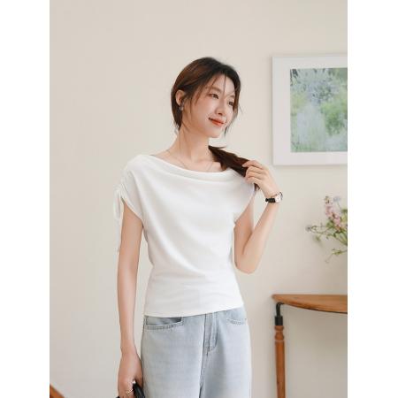 BY16438# 夏季荡领绑带斜肩短袖T恤修身显瘦设计感褶皱上衣  服裝批發女裝批發服飾貨源