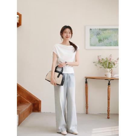 BY16438# 夏季荡领绑带斜肩短袖T恤修身显瘦设计感褶皱上衣  服裝批發女裝批發服飾貨源