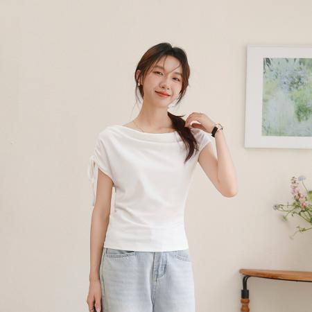 BY16438# 夏季荡领绑带斜肩短袖T恤修身显瘦设计感褶皱上衣  服裝批發女裝批發服飾貨源
