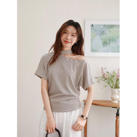 BY16439# 有话夏季新款条纹挂脖斜肩露肩条纹上衣贝壳短袖T恤  服裝批發女裝批發服飾貨源