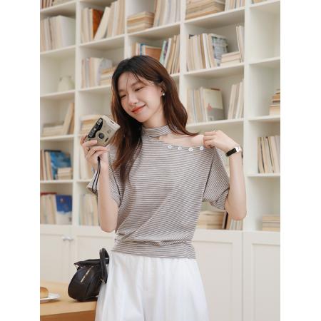 BY16439# 有话夏季新款条纹挂脖斜肩露肩条纹上衣贝壳短袖T恤  服裝批發女裝批發服飾貨源