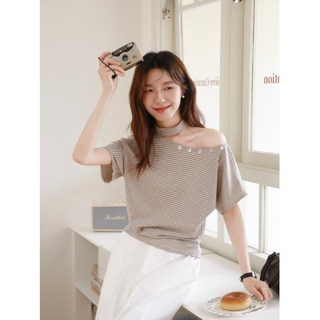 BY16439# 有话夏季新款条纹挂脖斜肩露肩条纹上衣贝壳短袖T恤  服裝批發女裝批發服飾貨源