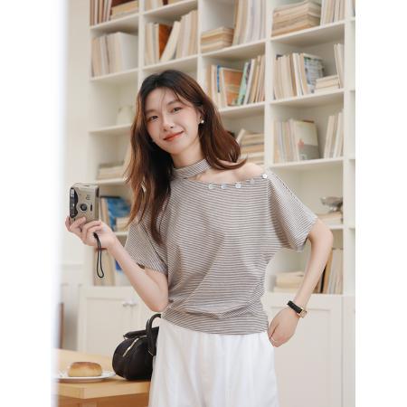 BY16439# 有话夏季新款条纹挂脖斜肩露肩条纹上衣贝壳短袖T恤  服裝批發女裝批發服飾貨源
