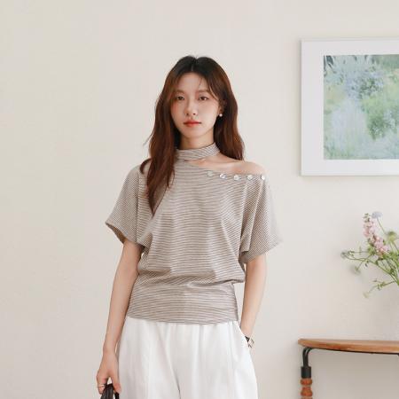 BY16439# 有话夏季新款条纹挂脖斜肩露肩条纹上衣贝壳短袖T恤  服裝批發女裝批發服飾貨源