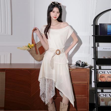 BY16442# 新款法式一字领无袖蕾丝拼接连衣裙收腰显瘦气质女  服裝批發女裝批發服飾貨源