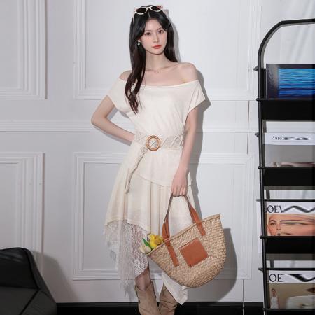 BY16442# 新款法式一字领无袖蕾丝拼接连衣裙收腰显瘦气质女  服裝批發女裝批發服飾貨源