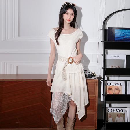 BY16442# 新款法式一字领无袖蕾丝拼接连衣裙收腰显瘦气质女  服裝批發女裝批發服飾貨源