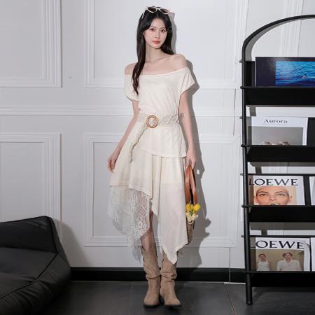 BY16442# 新款法式一字领无袖蕾丝拼接连衣裙收腰显瘦气质女  服裝批發女裝批發服飾貨源