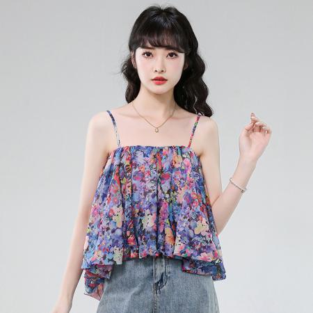 BY16443# 夏季新款上衣紫色度假感撞色印花图案系带甜美碎花吊带衫  服裝批發女裝批發服飾貨源