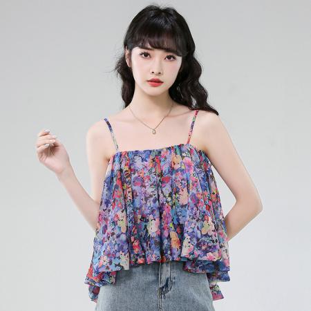 BY16443# 夏季新款上衣紫色度假感撞色印花图案系带甜美碎花吊带衫  服裝批發女裝批發服飾貨源