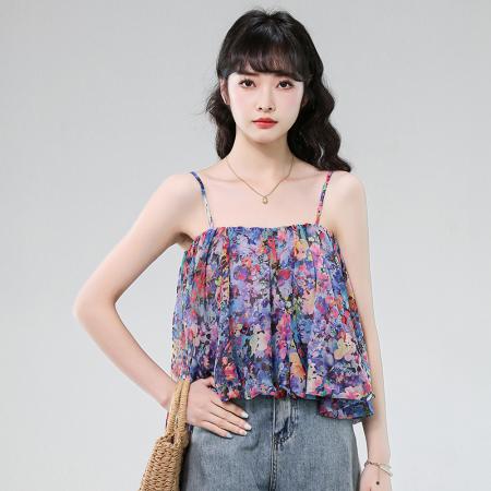 BY16443# 夏季新款上衣紫色度假感撞色印花图案系带甜美碎花吊带衫  服裝批發女裝批發服飾貨源
