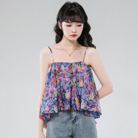 BY16443# 夏季新款上衣紫色度假感撞色印花图案系带甜美碎花吊带衫  服裝批發女裝批發服飾貨源