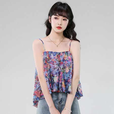 BY16443# 夏季新款上衣紫色度假感撞色印花图案系带甜美碎花吊带衫  服裝批發女裝批發服飾貨源