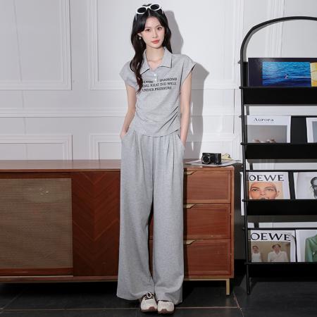 BY16445# 新款女装时尚休闲套装洋气字母印花短袖上衣阔腿裤减龄两件套  服裝批發女裝批發服飾貨源