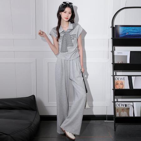 BY16445# 新款女装时尚休闲套装洋气字母印花短袖上衣阔腿裤减龄两件套  服裝批發女裝批發服飾貨源