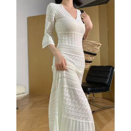 BY16446# 新款气质长裙法式春秋御姐镂空独特小众设计感女小个子连衣裙  服裝批發女裝批發服飾貨源