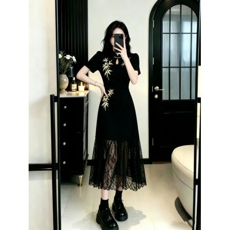 BY16449# 大码女装胖MM复古重工绣花拼接蕾丝裙摆显瘦长款连衣裙  服裝批發女裝批發服飾貨源