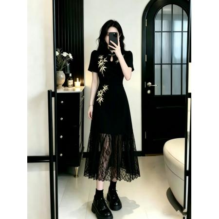BY16449# 大码女装胖MM复古重工绣花拼接蕾丝裙摆显瘦长款连衣裙  服裝批發女裝批發服飾貨源