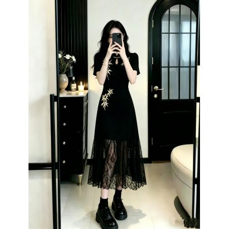 BY16449# 大码女装胖MM复古重工绣花拼接蕾丝裙摆显瘦长款连衣裙  服裝批發女裝批發服飾貨源