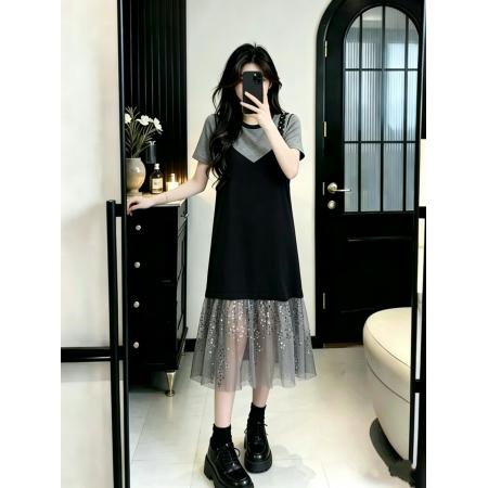 BY16450# 大码女装假两件吊带针织拼接亮闪闪珠片网纱过膝长款连衣裙  服裝批發女裝批發服飾貨源
